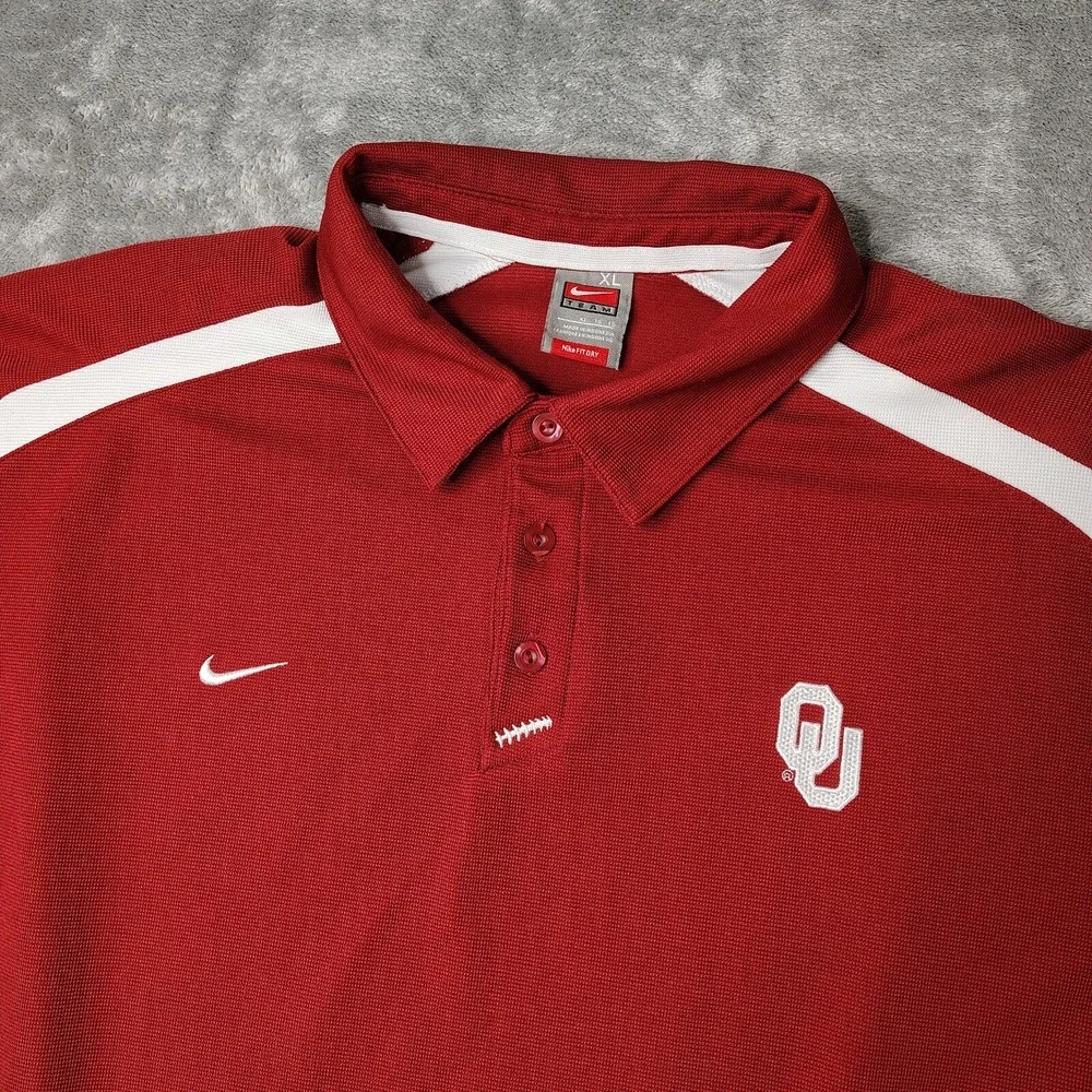 VTG Nike Team Oklahoma Sooners Polo Shirt Mens XL Red NikeFIT DRY Short Sleeve